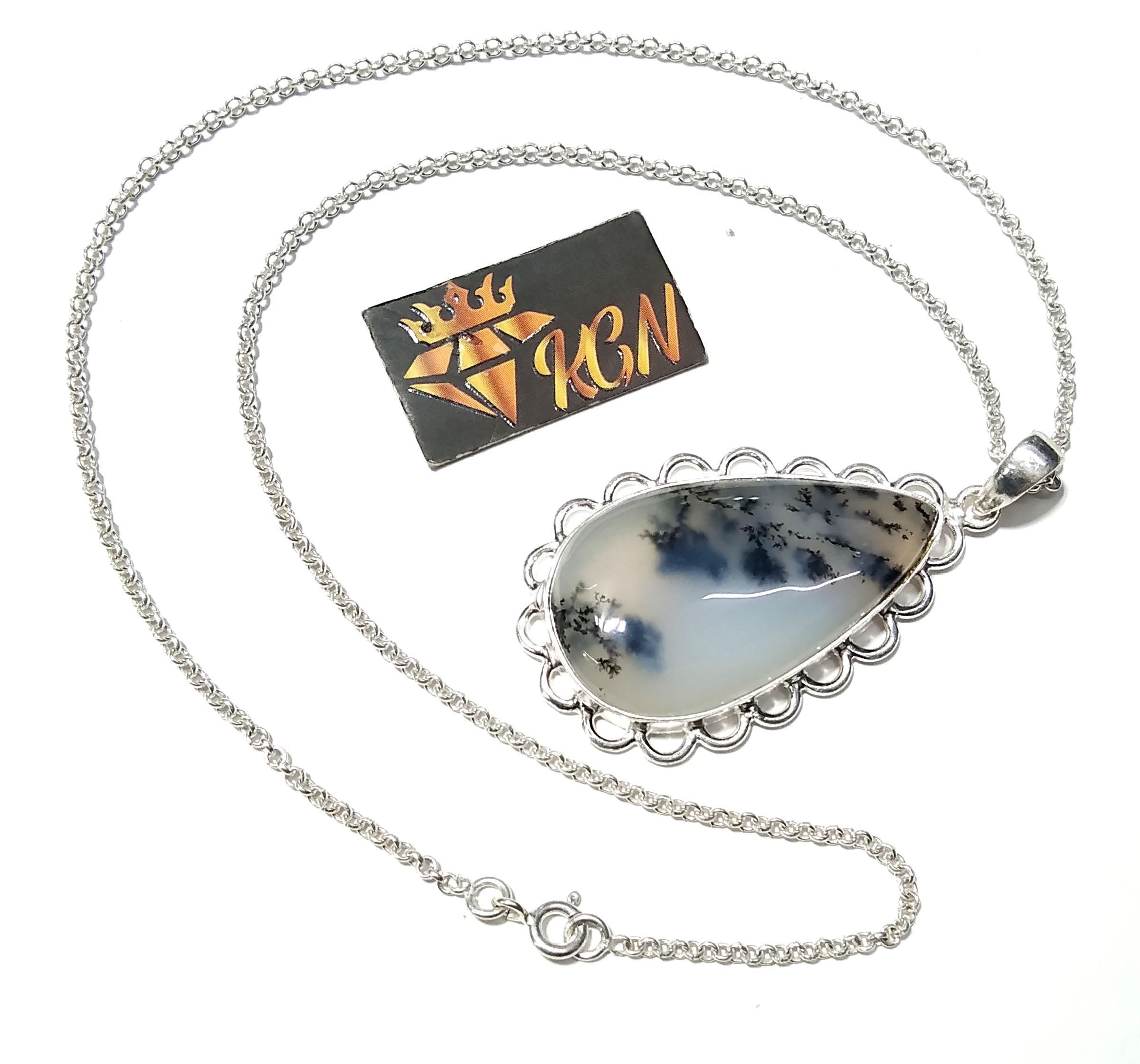 Amazing Design Dendrite Opal Gemstone Pendant, 925 Sterling Silver Pendant, Natural Dendrite Stone Pendant Chain Necklace ,For Girls & Women